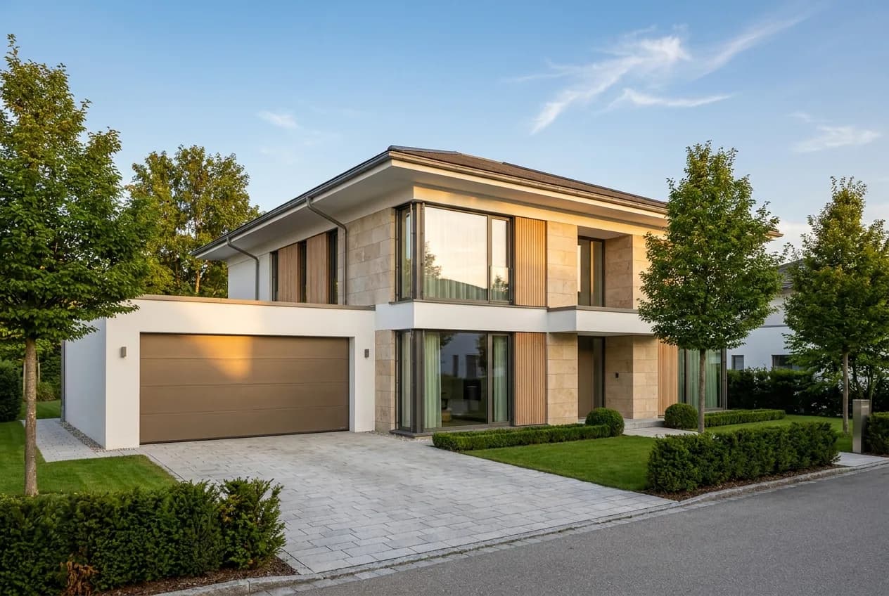 Modernes Einfamilienhaus in München-Grünwald – repräsentative Architektur mit Vorgarten